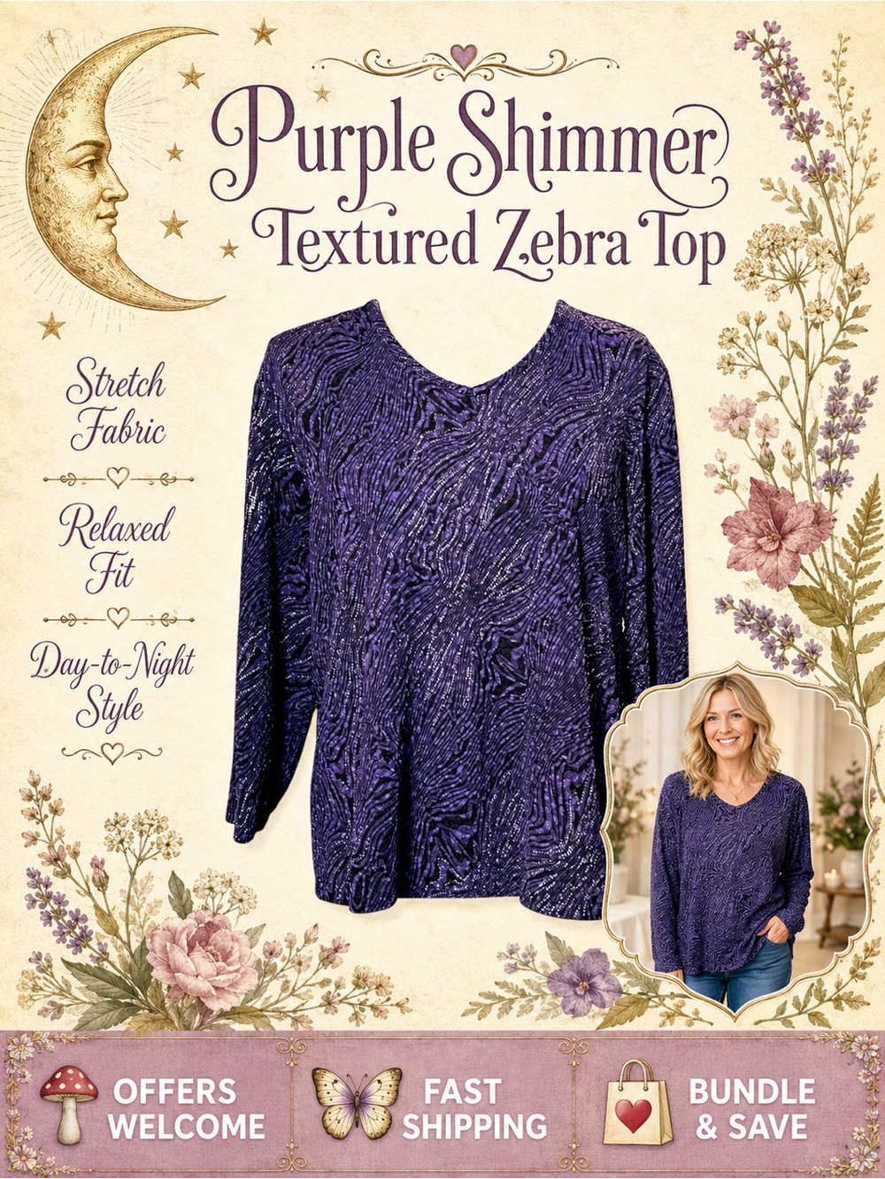 Allison Daley Purple Textured Top Shimmer Detail Stretch L/XL